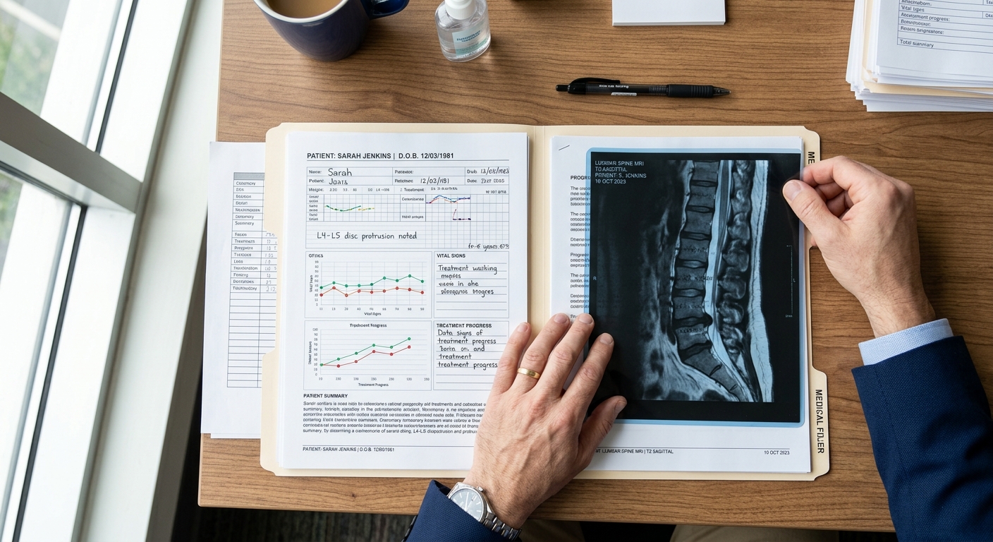 רופא מומחה בוחן תיק רפואי וצילום הדמיית MRI של עמוד השדרה המותני לאבחון בעיות גב