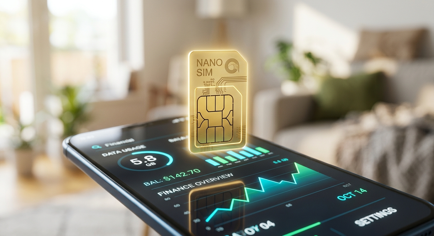 כרטיס ננו סים (Nano SIM) דיגיטלי וזוהר מרחף מעל מסך סמארטפון המציג גרפים של צריכת נתונים סלולריים וניהול פיננסי